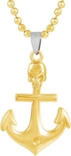 RN Gold Plated Brass, Skull with Anchor Design Pendant Necklace Locket for Unisex Gold-plated Brass Pendant