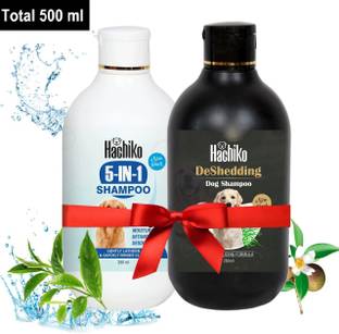 Hachiko ( Combo of 2 ) Dog 5 IN 1 Shampoo + Deshedding Shampoo (Total 500 ml) Allergy Relief, Anti-dandruff, Anti-fungal, Conditioning Artificial Fragrance Free Dog Shampoo