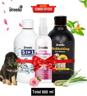 Breedo (Combo of 3) Dog 5 IN 1 Shampoo + Deshedding Shampoo 500 ml + 100 ml Spray Allergy Relief, Conditioning, Anti-fungal, Anti-microbial, Anti-itching, Anti-dandruff Natural Dog Shampoo