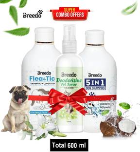 Breedo (Combo of 3) Dog Flea-Tick Shampoo + 5 IN 1 Shampoo 500 ml + 100 ml Spray Allergy Relief, Conditioning, Anti-fungal, Anti-microbial, Anti-itching, Anti-dandruff Natural Dog Shampoo