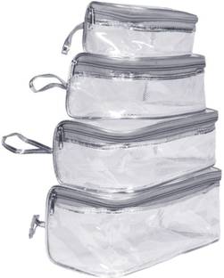 Sanchi Creation 4 Piece Transparent Printed Makeup Cosmetic Toiletry Travel Vanity Box Silver Cosmetic Bag