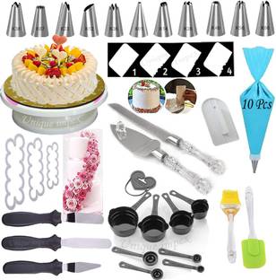 Unique Impex Easy Rotate Cake Turntable + 12 Piece Cake Decorating Set with 1 Reusable & 10 Pcs Free disposable Piping Bag + 8 Pcs Black Measuring Cups and Spoon + Silicone Spatula and Brush Set + 4 Pcs Scraper set + 3-in-1 Multi-Function Stainless Steel Cake Icing Spatula Knife Set + Cake Smoother + Stainless Steel Cake cutting Knife and Server Set with Clear & transparent handle like Crystal (All Product Reusable & Washable) Kitchen Tool Set