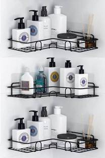 Manogyam 3PC Multipurpose Self Adhesive Wall-Mounted Corner Storage Rack,Organizer Iron Wall Shelf