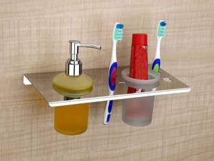 Flaner 2 in 1 Toothbrush Holder/Toothpaste Stand With Soap Hand Wash Liquid Dispenser/Bathroom Accessories Stainless Steel, Glass Toothbrush Holder