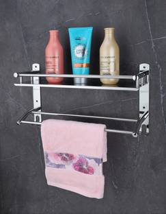 GRIVAN Stainless Steel Single Layer Shelf with Towel Road, Multipurpose Bath Shelf Organizer, Kitchen Shelf / Towel self/Bathroom Shelf / Bathroom Stands and Racks / Bathroom Accessories - Chrome Finish Silver Towel Holder