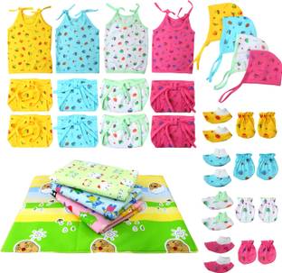 Honey Boo New Born Baby Care Cloth Set Combo ( 4Jhabla, 8Nappy, 8Mittens,4Cap And 4 mat )