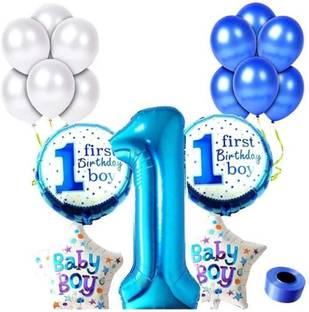 FLIPZONE First/1st Birthday Boy, Blue & White Metallic Balloon Pack For Party Decorations