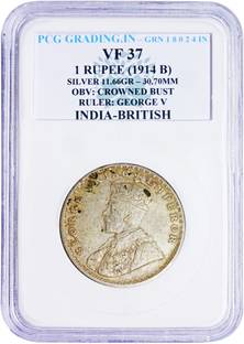 the coins INDIA BRITISH GEORGE V ONE RUPEE 1914 ( B ) P C G GRADING Medieval Coin Collection