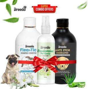 Breedo (Combo of 3) Dog Anti-Itch Shampoo + Flea-Tick Shampoo 500 ml + 100 ml Spray Allergy Relief, Conditioning, Anti-fungal, Anti-microbial, Anti-itching, Anti-dandruff Natural Dog Shampoo