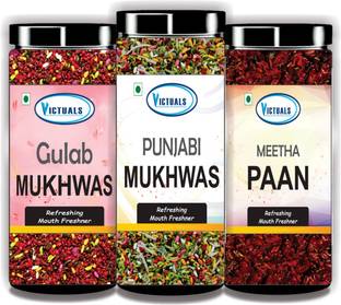 Victuals Gulab Mukhwas | Punjabi Mukhwas | Calcutta Meetha Paan |Pack of 3 Gulab Mukhwas, Punjabi Mukhwas, Meetha Paan Mukhwas Mouth Freshener