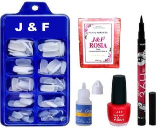 J & F Artificial Nails With Glue & Red Nail Paint ,36 Hours Eyeliner ,Rose Soap