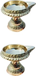 Craft World Deepak Diya With Stand Oil Lamp For Puja Diwali Dipa( H-1.5 inch Pack of 2). Brass Table Diya Set