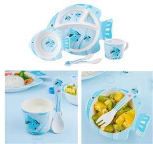 Nizomi Baby Feeding Fish Bamboo Dinner Set for Kids, Plate Bowl Cup Spoon & Fork Set  - Bamboo Fiber