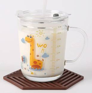 Sazoli Milk mug for Kid 350 ml Design Glass Straw Measuring Drinking Mug Glass Water/Juice Glass