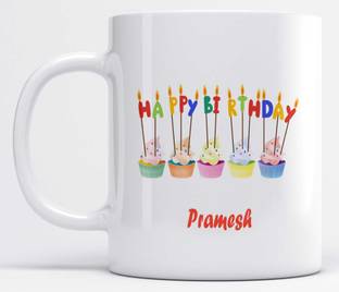 LOROFY Name Pramesh Printed Happy Birthday Candle Design Ceramic Coffee Mug