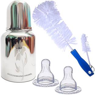 Goodmunchkins Stainless Steel Feeding Bottle-Anti Colic Nipple/Cleaning Brush 304 Jointless - 150 ml
