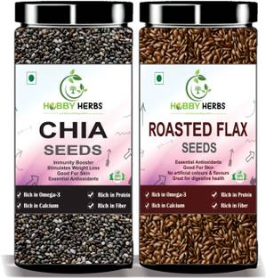 Hobby Herbs Raw Chia Seeds & Roasted Flax Seeds Combo|100gm Each Chia Seeds, Roasted Flax Seeds