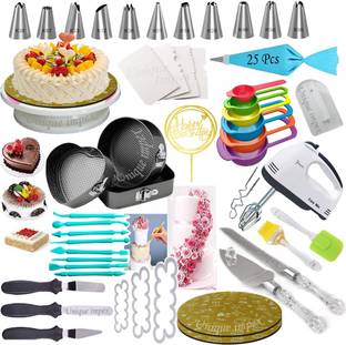 Unique Impex 3 Pcs Cake Moulds (Heart/Round/Square) + Cake Turn Table Stand + 12 Piece Cake Decorating Set With 25 Pcs disposable Piping Bag + 6 Pcs Measuring Cups + Silicone Spatula and Brush Set + 4 Pcs Scraper + Electric Hand biter + Stainless Steel Cake Cutting Knife and Server Set with Clear & transparent handle like Crystal + Cake Smoother + 3 Pcs Multi-Function Stainless Steel Cake Icing Spatula Knife Set (All Product Washable & Reusable) Kitchen Tool Set