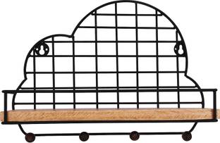 INDIAN ARTISANS METAL WALL SHELF WITH HOOKS/CLOUD SHAPE/METAL FRAME WITH WOODEN SHELF AND HOOKS Wooden, Iron Wall Shelf