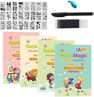 Magic Practice Copybook For Kids, Calligraphy Pens, Calligraphy Set For Beginners, Reusable Calligraphy For Kids, Handwriting Practice Copybook For Preschoolers (Four Copybook And Magic Pens)