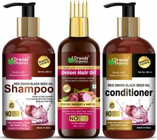 Dravida Organics Anti Hair Fall Control Spa Range with Onion Hair Oil + Onion Shampoo + Onion Conditioner
