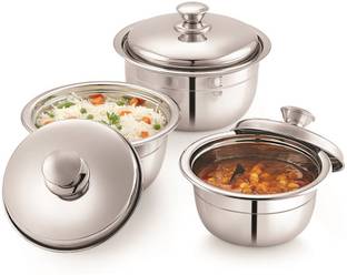 NEELAM Stainless Steel Premier Conical Cook N Serve, Sauce Pot Combo Set of 3 Pcs Cookware Set