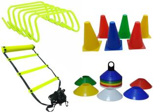 CF SPORTS 6 Inch Cones Pack 6,10 Space Markers and 4 Meter Ladder, 6" Hurdle Agility Combo Cricket Kit