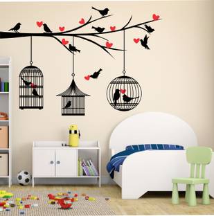 Decoration Stickers 90 cm Birds And Cage Red Heart Wall Sticker to add life to your Walls (Medium) Self Adhesive Sticker