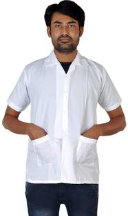 Faboholic Men’s Polycotton Medical Lab Coat White Half Sleeve Blue Apron, 2 Pockets Shirt Hospital Scrub
