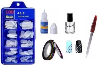 J & F Fake Nails With Glue ,5 Nail tape & Top Coat Nail Paint ,Nail Filer