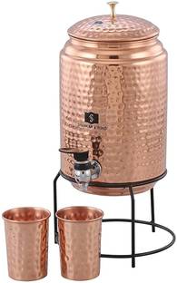 SHANKAR & SONS 5 Litre Copper Hammered Water Dispenser Matka with 2 Glass and Stand 5000 ml Bottom Loading Water Dispenser
