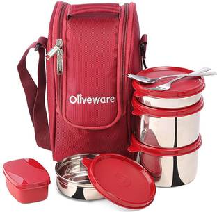 Oliveware Executive Lunch Box | Stainless Steel | Insulated Fabric Bag | Leak Proof 4 Containers Lunch Box