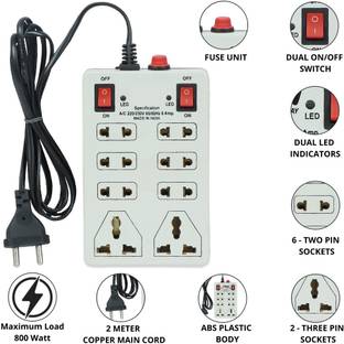 DIGWAY 8 Socket 1 Switch Mini Extension Cord Surge Protector-2.0 Meter Cord Length 8  Socket Extension Boards