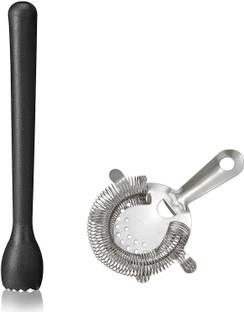 Dynore Stainless Steel Cocktail Strainer With Black PVC Muddler 2 - Piece Bar Set