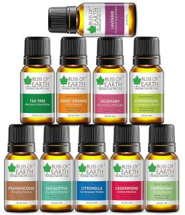 Bliss of Earth Bliss of Earth Combo of 10 Finest Quality 100% Pure Essential Oils Lavender Rosemary Citronella Lemongrass Peppermint Tea Tree Cedarwood Frankincense Sweet Orange & Eucalyptus 10ML Each
