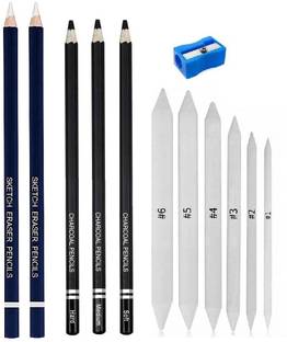 Definite 2Pc Eraser Pencil, 3Pc Black Charcoal Pencils & Blend/Smudging Stumps; Art Tools
