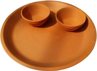 THE HIMALAYA CRAFT Clay Dinner Thali 10inch with 2 Bowl Pack of 3 Dinner Plate