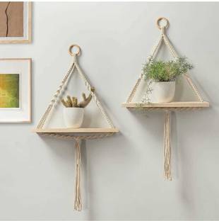 HASATI SHOP Macrame Wall Hanging Wooden Shelf Floating Rack Shelves for Bedroom Living Room Wooden Wall Shelf