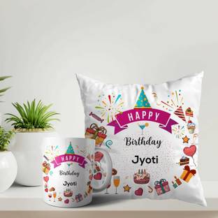 ARTBUG Happy Birthday Jyoti Coffee Cup and Cushion with Filler Combo Name -Jyoti Ceramic Coffee Mug