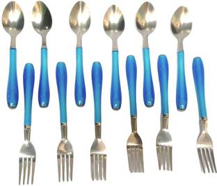 AYDIN Dining Table Spoon Fork Set for Kitchen Steel with Shiny Blue Plastic Handle Stainless Steel, Plastic Dessert Spoon Set