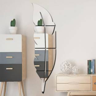 wall1ders Plume Feather Silver (Size 76 cm x 20 cm) 3d Mirror Stickers, 3d Mirror Stickers For Wall Large Size, 3d Acrylic Mirror Wall Decor Sticker, 3d Acrylic Stickers.