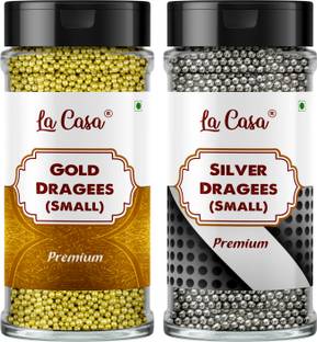 La Casa Premium 2 in 1 Colors Dragees - Golden & Silver | Small(1.5mm) Sized Pearl Balls Ideal for Cake Decoration & Garnishing | Dragees