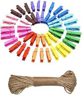 Just Flowers 50 Pcs Wooden Clip with 1 Jute Rope for Photo Hanging, Crafts and Décor