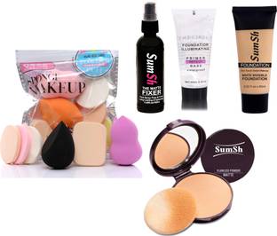 SumSh Fixer Spray 100ml, Primer 50ml, Foundation 60g, Compact Powder, Sponge and Makeup Puff