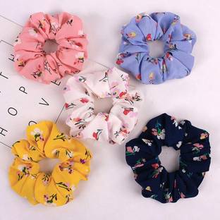 ASG 5 Pcs Printed Elastic Fabric Scrunchies for Girls & Women - Multicolor Rubber Band