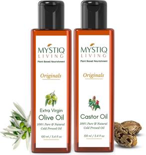 Mystiq Living Combo Extra Virgin Olive Oil & Castor Oil, For Skin & Hair (Cold Pressed) -Pack of 2 Hair Oil