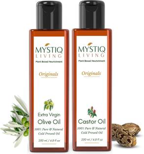 Mystiq Living Combo Extra Virgin Olive Oil & Castor Oil, For Skin & Hair (Cold Pressed) -Pack of 2 Hair Oil