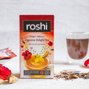 ROSHI Digestive Delight Tea (25 Tea Bags) | Ginger-Hibiscus| Metabolism Boosting Herbal Tea for Digestion Hibiscus, Ginger Green Tea Bags Box