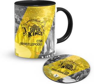 The Desi Monk CSK is yellow Coffee & Tea Cup With Tea Coaster Print 330 ml Ceramic Coffee Mug