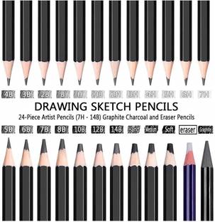 Craftacious 24Pc Sketch/Drawing Pencil Set - 19 Graphite, 3 Charcoal, 1 Woodless & 1 Eraser Pencil